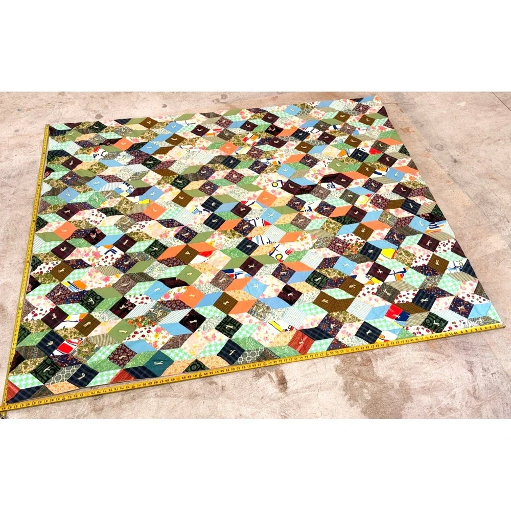 Vintage Handmade Patchwork Quilt Top Diamond Tumbling Blocks 80x94 Multicolor